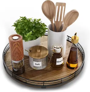 Acacia  13" Lazy Susan Turntable Organizer for Table Top, Farmhouse Round Wooden Lazy Susan for Cabinet Kitchen Centerpieces Coffee Table, for Condiments Spices, Bathroom Vanity Tray Decor