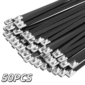 50 Pcs Metal Zip Ties Black 18 inch 290LB 50pcs Heavy Duty 304 Stainless Steel Epoxy Coated Locking Cable Exhaust Wrap Multi Purpose Binding for Machinery, Vehicles, Farms, Cables, Pipes,Fence