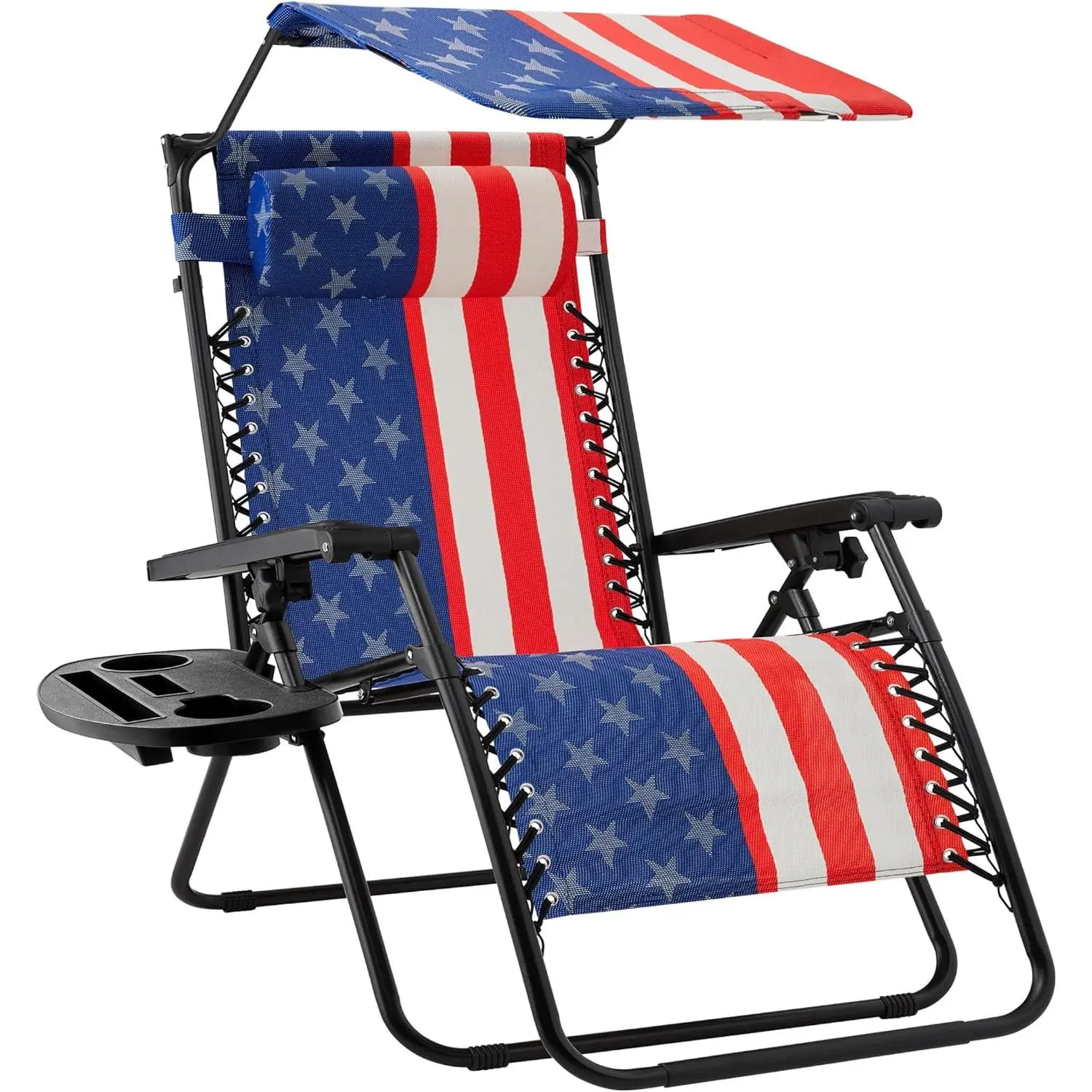Best Choice Products Folding Zero Gravity Outdoor Recliner Patio Lounge Chair w/Adjustable Canopy Shade, Headrest, Side Accessory Tray, Textilene Mesh - American Flag