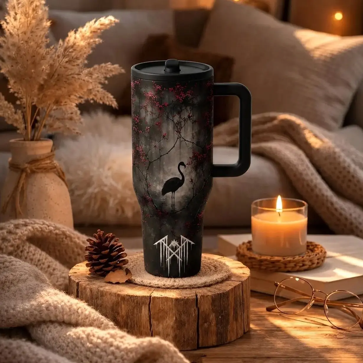 40oz Dark Red Forest Crane Insulated Tumbler with Handle & Lid, Double Wall Vacuum Leak-Proof Travel Mug, Hot 12H Cold 24H, Large Water Bottle for Men Women, Fall Halloween Gift