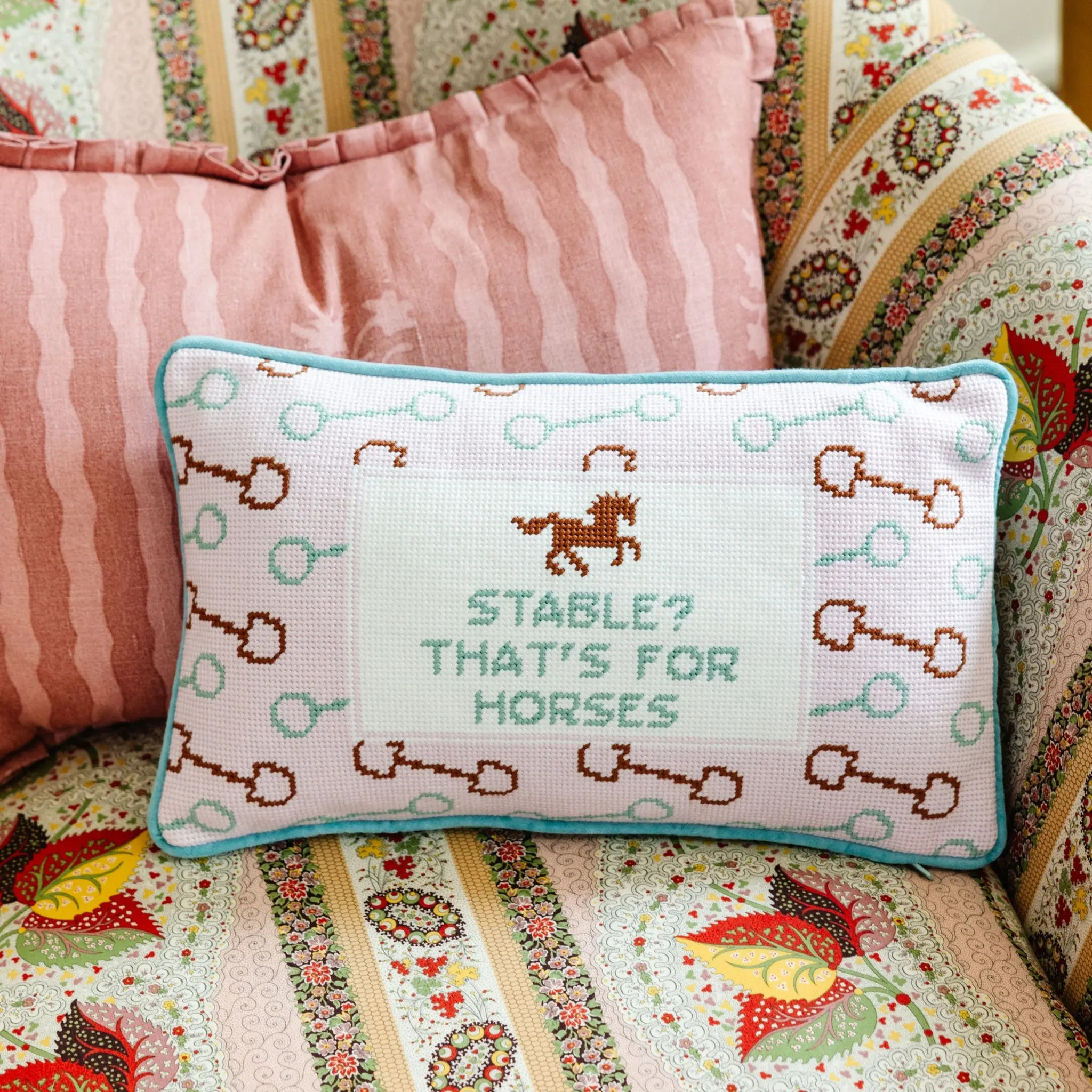 Stable Needlepoint Pillow, Velvet Cover, Charmingly Witty Dry Humor Design, for Living Room Home Décor