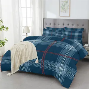 3 Piece Comforter Set Soft Retro Navy Blue Plaid Multicolored Check Graphic Printed All Season Bedding Set For Room Decor With 1 Comforter And 2 Pillowcases