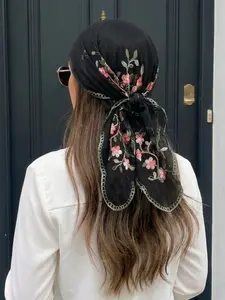 Fashionable Women's Floral Lace Square Scarf, Floral Headscarf, Casual All-Season Accessory, Sun Protection for Beach, Perfect for Gifts and Holidays