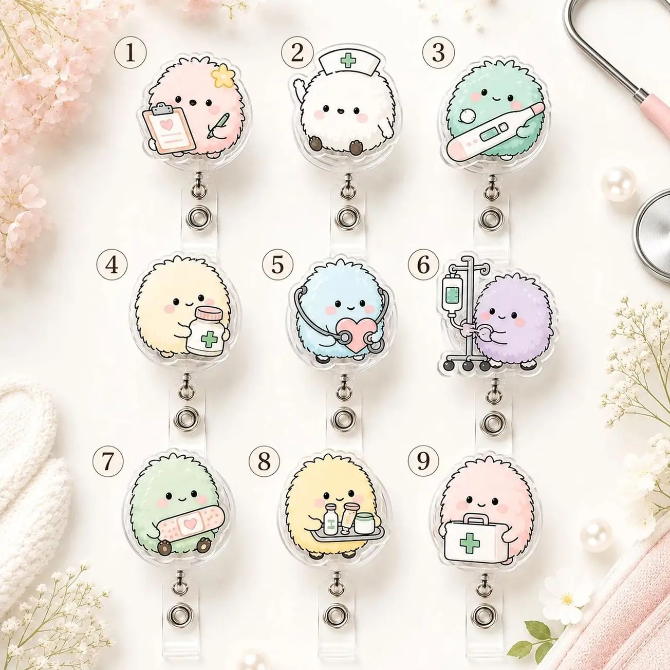 9 ops (not combo 9) Kawaii Fluffy Nurse Badge Reel, Cute Medical Character ID Holder, ICU RN Nurse Badge Reel, Medical Gift