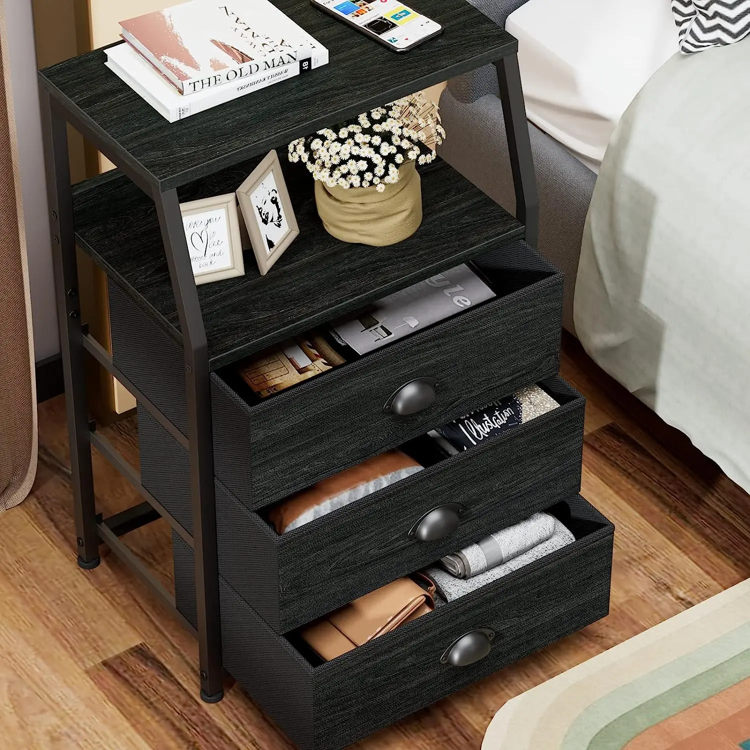 Black Dresser for Bedroom, Small Nightstand with 3 Fabric Storage Drawers  and 2-Tier Shelf, End Table Side Furniture for Closet, Hallway, Nursery,  Sturdy Steel Frame, Wood Top (Black Oak) - TikTok Shop