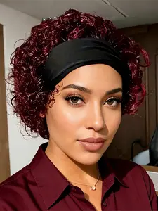 Pixie Wig Headband Human Hair Wig 99j Burgundy Color, Short Curly Wave Machine Made Pixie Cut Wig for Women, Perfect Gift Wig