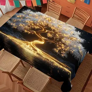 Golden Life Tree Tablecloth, Fantasy Healing Restaurant Tablecloth, Golden Light Design, Durable Easy Clean Indoor Living Room Tablecloth