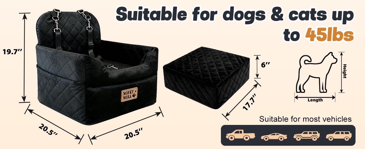 BOFNL Car Pet Seat – Pet car height booster seat with a washable, removable cover for easy cleaning; soft sofa for cats and dogs; portable pet bed suitable for size and medium dogs — usable indoors, outdoors, and while traveling by car， black gray
