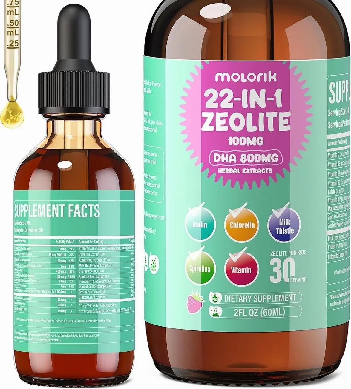 Zeolite Detox for Kids and Adults, Herbal Detox with 800mg DHA, 500mg Inulin, Probiotics & Vitamin B12, D3, C, B6, Cilantro Extract Cleanse to Support Brain, Immune, Gut, Energy, Berry Flavor, 60ML