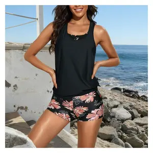 Women's Tankini Set Black Floral Print Tummy Control with Shorts Beach Pool Vacation thong bikini