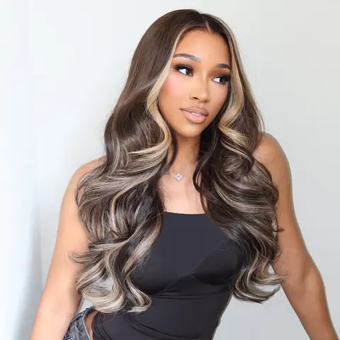 Brown Blonde Highlight Body Wave Wig Human Hair Pre Plucked for Women 13x4 13x6 Lace Frontal Remy Hair Stripe Ombre Ash Blonde Transparent 5x5 Closure Wig