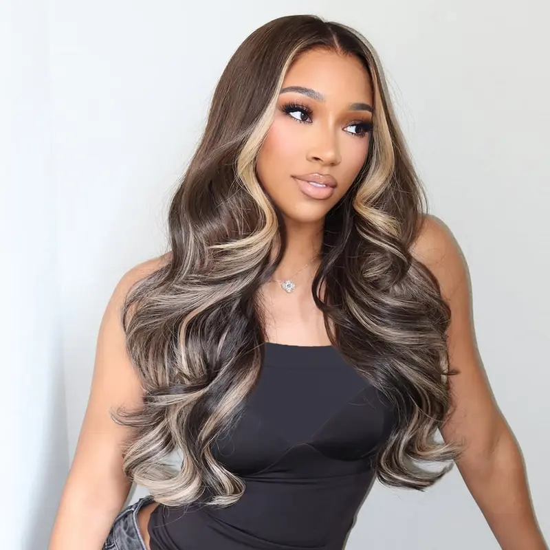 Brown Blonde Highlight Body Wave Wig Human Hair Pre Plucked for Women 13x4 13x6 Lace Frontal Remy Hair Stripe Ombre Ash Blonde Transparent 5x5 Closure Wig