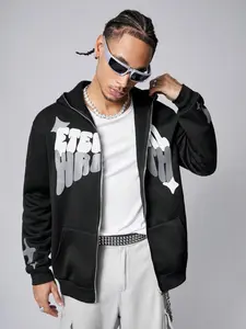 Men's Star & Letter Printed Fleece Lined Zip-Up Hoodie Long Sleeve Casual Streetwear Couple Designer Hoodies Perfect Gift Choice Tops Black - graphic zip hoodies