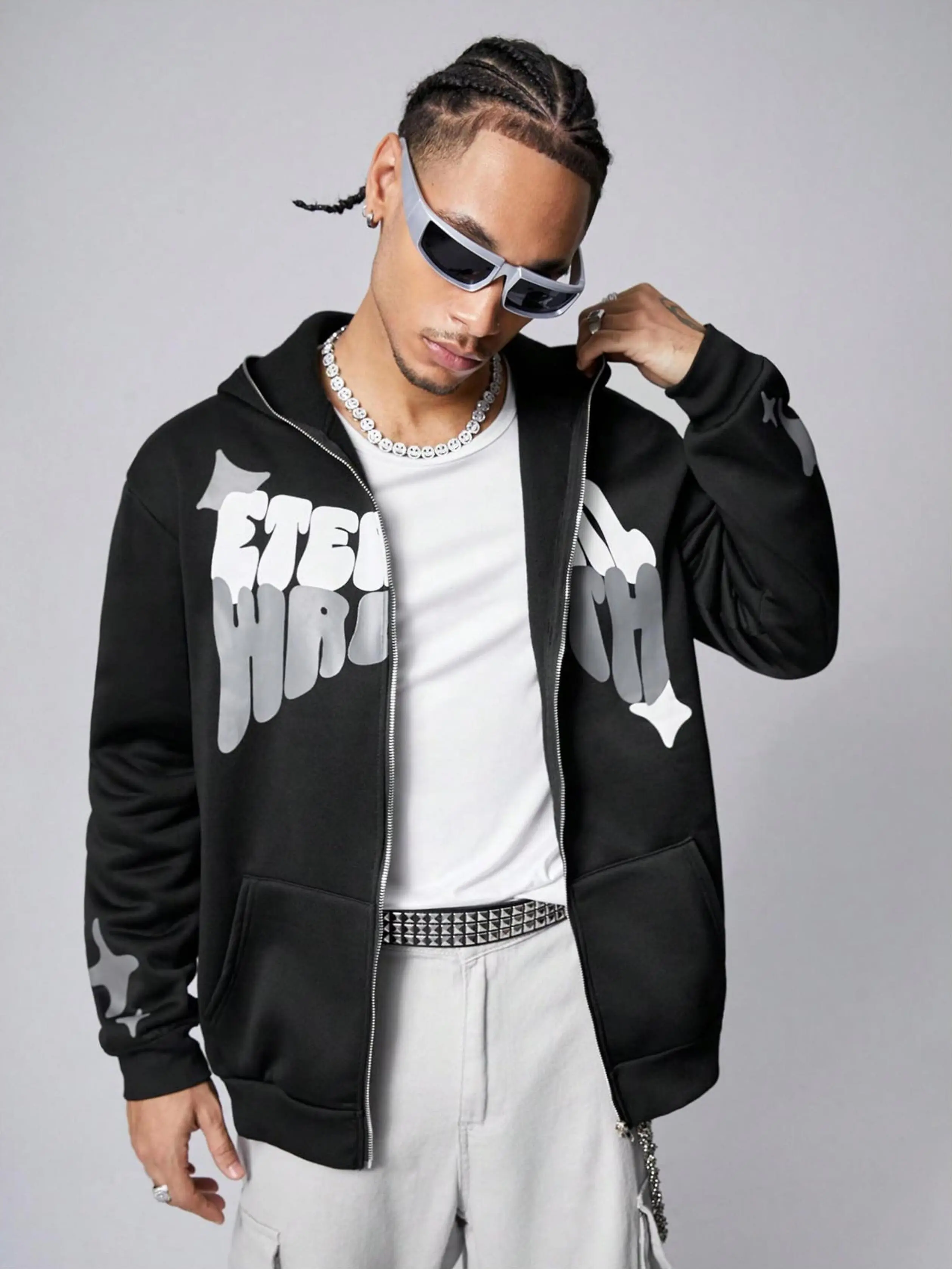 Men's Star & Letter Printed Fleece Lined Zip-Up Hoodie Long Sleeve Casual Streetwear Couple Designer Hoodies Perfect Gift Choice Tops Black - graphic zip hoodies