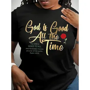 Women'S Plus Size Casual Crew Neck T-Shirt with "God is Good All the Time" Print, Elegant Alphabet Pattern, Polyester Knit Fabric, Medium Stretch, All Season Wear, 180g/m² - Black