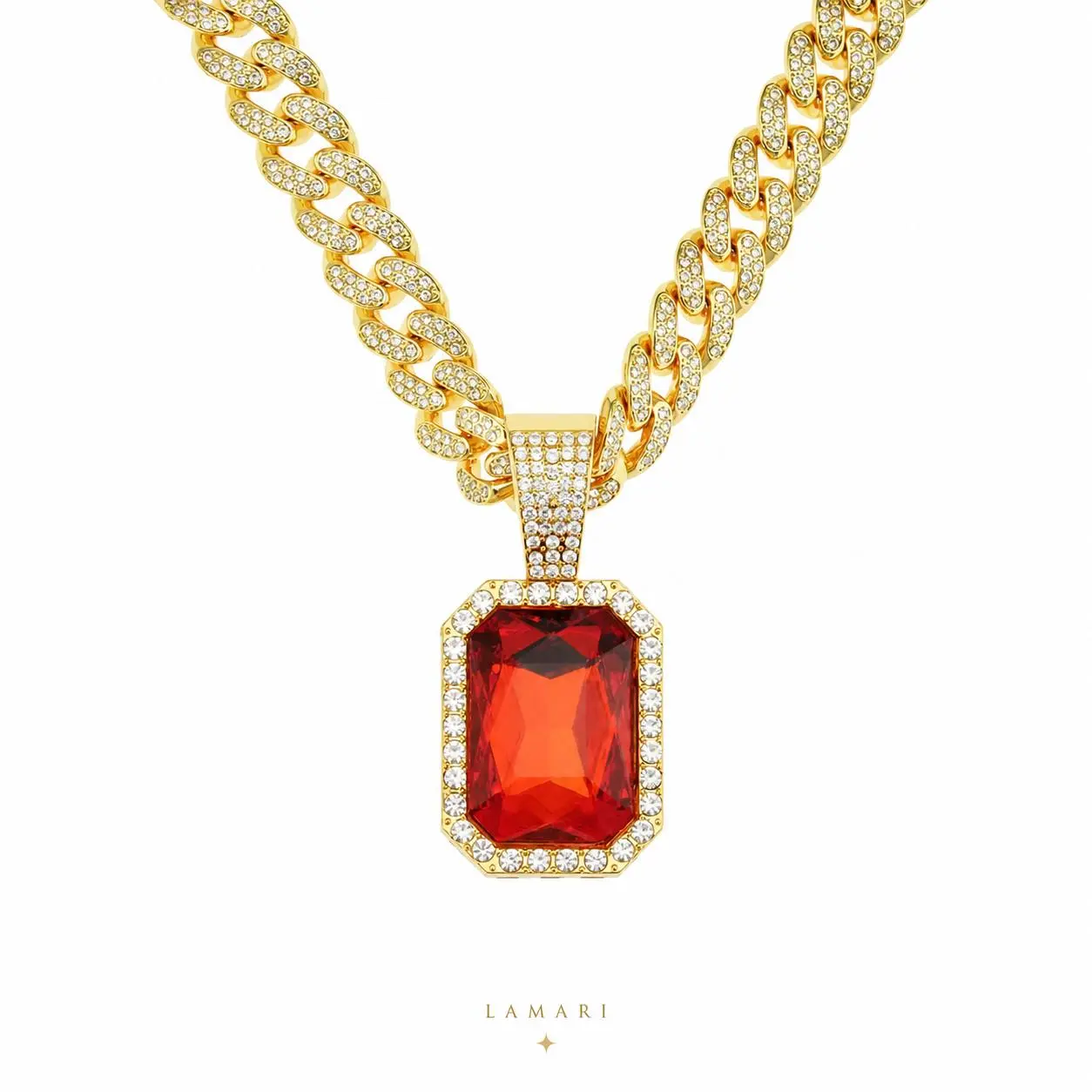 LAMARI Gold Tone Ruby Color Gem Pendant Necklace Rhinestone Cuban Chain Fashion Jewelry