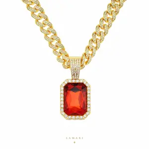 LAMARI Gold Tone Ruby Color Gem Pendant Necklace Rhinestone Cuban Chain Fashion Jewelry