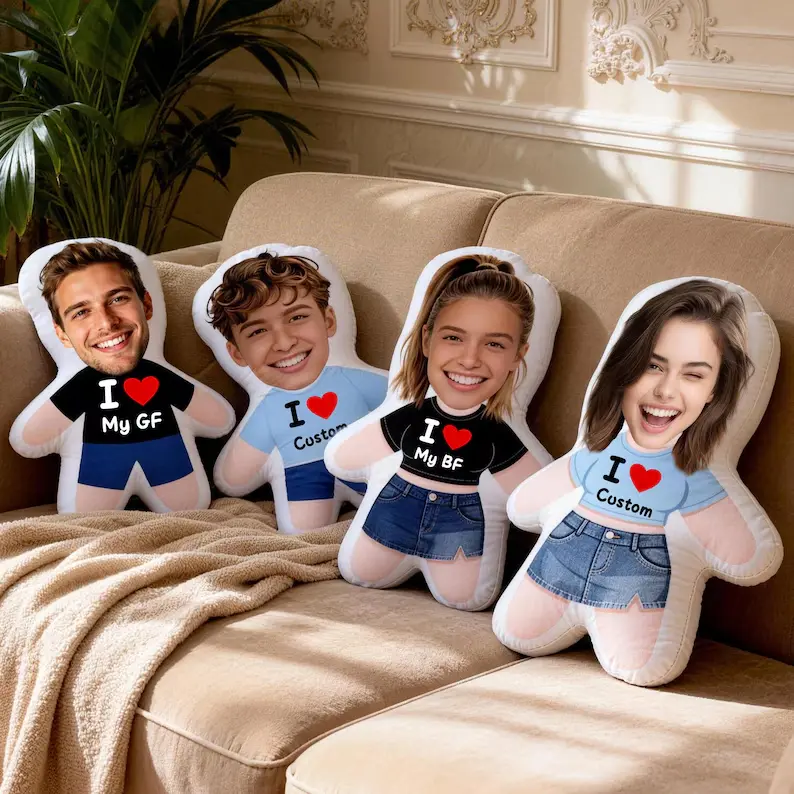 Custom Face Pillow with I Love Design – Gift for boyfriend, girl friend, Personalized Photo Cushion, Mini Me Pillow, Romantic Gift for Couples, Long distance gift
