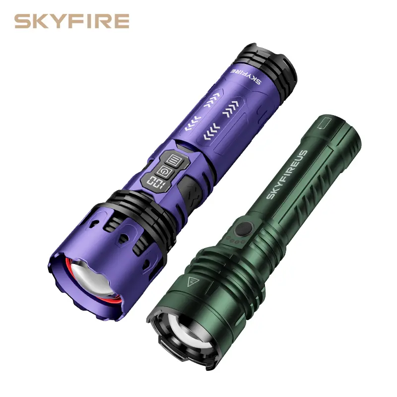 SKYFIRE High Lumen Rechargeable LED Flashlight (2011+1376), Adjustable Waterproof Flashlight with Ignition Lens, Ambient Light, Zoomable, 5000mAh Fast-Charging Batteries, Ideal for Camping, Home Emergencies