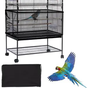 Large Bird Cage Cover, Bird Cage Seed Catcher, Adjustable Soft Airy Nylon Mesh Net, Birdcage Cover Skirt Seed Guard for Parrot Parakeet Macaw African Round Square Cages (Black)