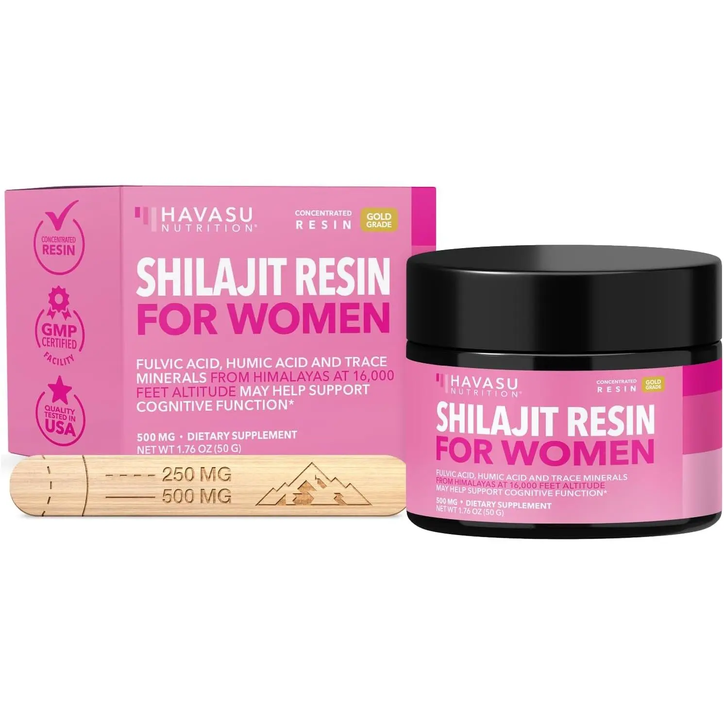Himalayan Shilajit for Women with Fulvic Acid, Humic Acid & Trace Minerals | 500mg Shilajit Resin Gold Grade from 16,000 ft Altitude, 100 Servings, 80+ Trace Minerals, Concentrated Resin & Wooden Spoon