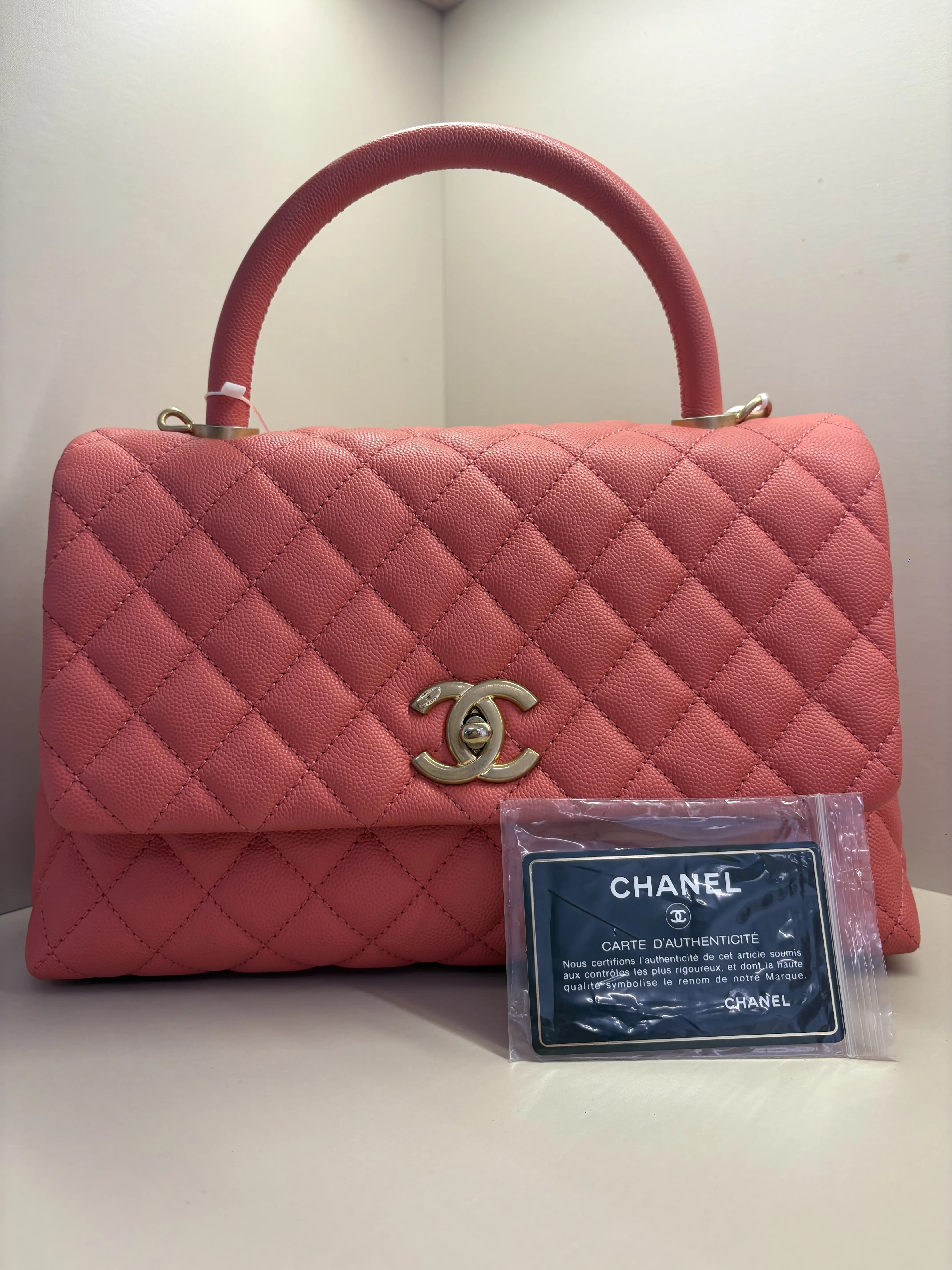 Pre-owned CHANEL Authentic Coco Handle Medium Coral Red Quilted Caviar Leather Bag with Gold Hardware, Detachable Chain & Authenticity Cardhk A153