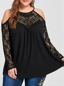 Elegant Plus Size Women's Solid Color Lace Patchwork Loose Short Shirt, Casual Fashion Blouse Tops for Spring Daily Wear, Comfortable and Stylish