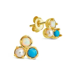 Bermuda Opal, Pearl, & Turquoise Triple Stud Earrings