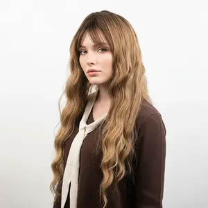Women’s Heat-Resistant Synthetic Full Machine Wig, 26-Inch Golden Blonde Wavy Curly with Dark Roots & Bangs, Honey Golden Color, for Daily Wear & Parties