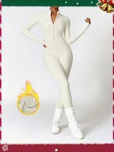 Women's Solid Zip Up Skiing Jumpsuit, Casual Sporty Long Sleeve thermal Quick-Dry Jumpsuit for Skiing Cycling, Ladies Sportswear for Fall & Winter, Yoga Gym Workout Running Wear, 3D Structural Seam Design, Sportswear Jumpsuits