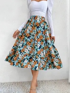Women's Mid-Length Elastic Waist Floral Print Skirt, Loose, Casual Vacation Style, Summer, Comfortable and Stylish