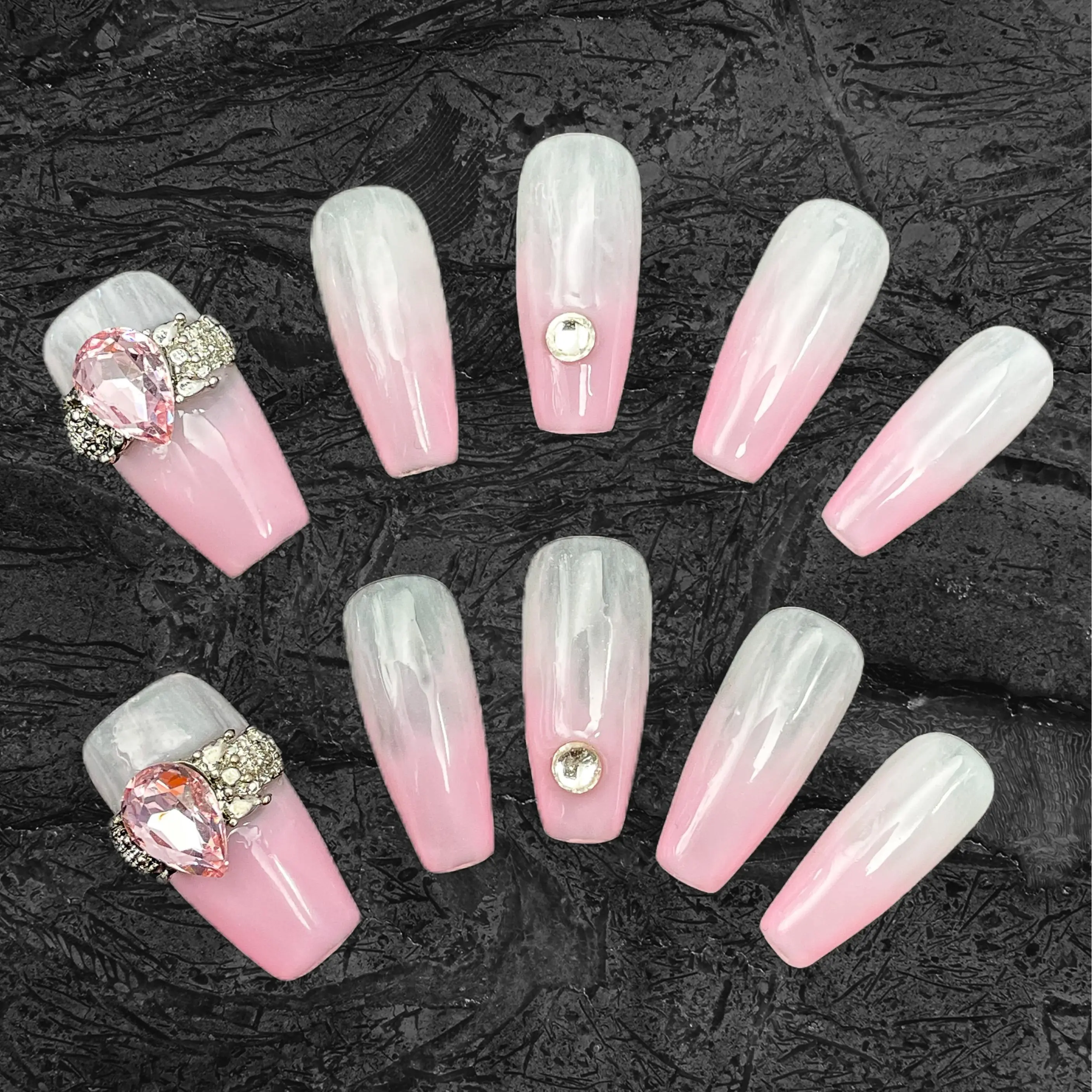 Kandy Klaws | Pink and White Ombre Acrylic Press on Nails | Press Ons with Charms | Coffin Glue On Nails 22mm  | Trendy Handmade Fake Nails | Summer Party Nails