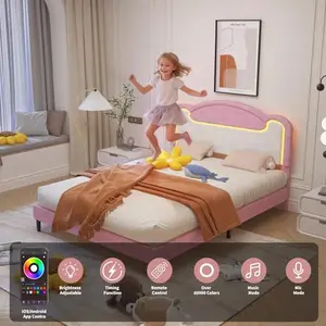 Full Upholstered Bed 54 inch with LED Light Design, Wood Frame Soft Bed in Pink and White, Bedroom Bed for Sleep and Daily Home Use