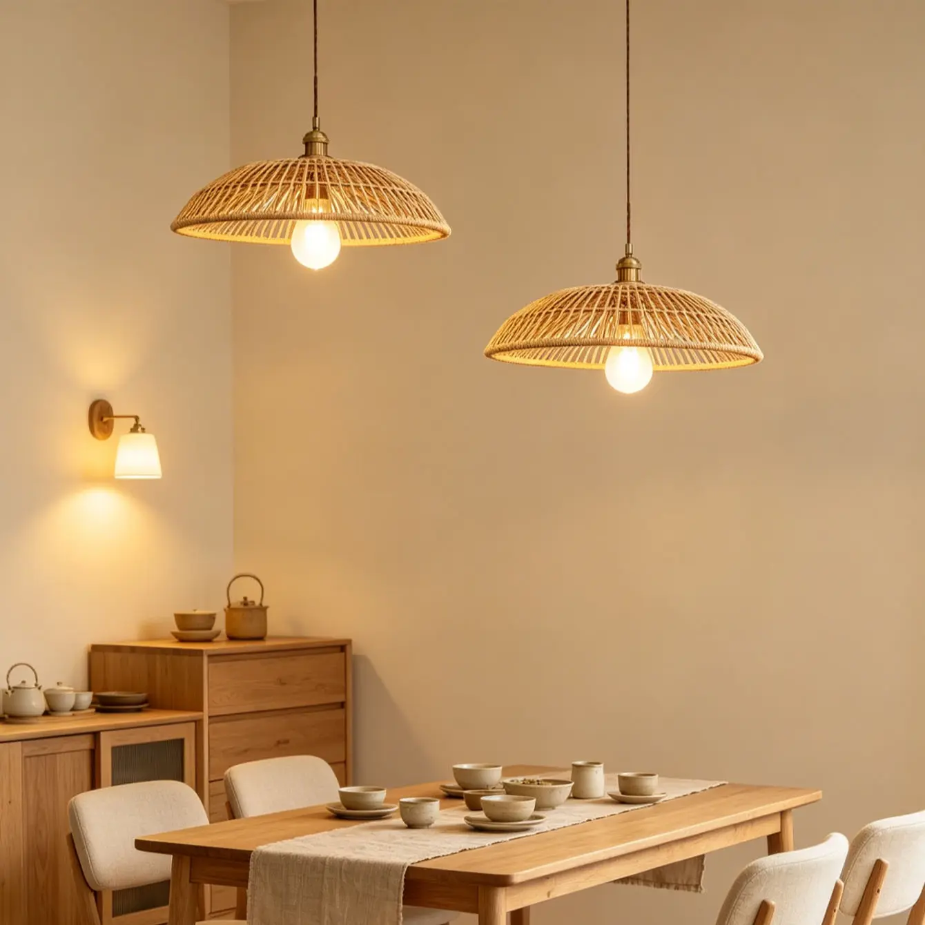 Bohemian Style Woven Pendant Light Shade, Natural Rattan Umbrella Shape, Handmade, Fits Kitchen Island, Bedroom, Living Room, Wabi-Kusa Decor
