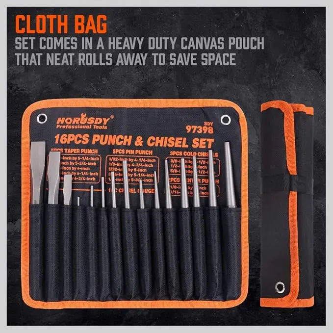 HORUSDY 16-Piece Punch and Chisel Set, Including Taper Punch, Cold Chisels, Pin Punch, Center Punch tool  kit