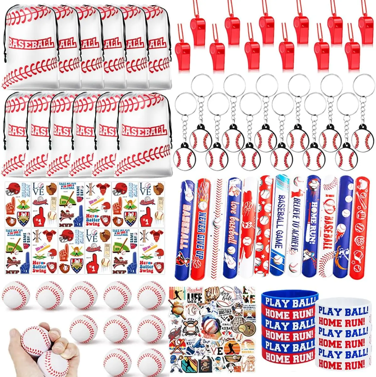 134 PCS Baseball Party Favors Set, 12 Pack Baseball Goodie Bags with Stress Balls, Stickers, Rubber Bracelets, Keychains, Tattoo Stickers, Slap Bracelets and Whistles for Kids Baseball Theme Birthday Party Supplies