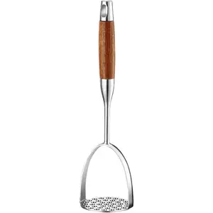 Stainless steel potato masher with wooden handle heavy duty potato ricer presser handheld potato smasher for avocado bean vegetable as shown