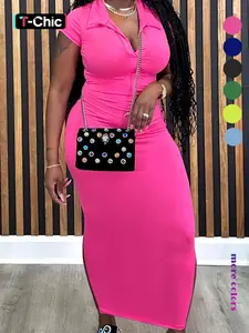 Women's Plain Collar Bodycon Dress, Solid Color Short Sleeve Long Dress, Ladies Clothes for All Seasons