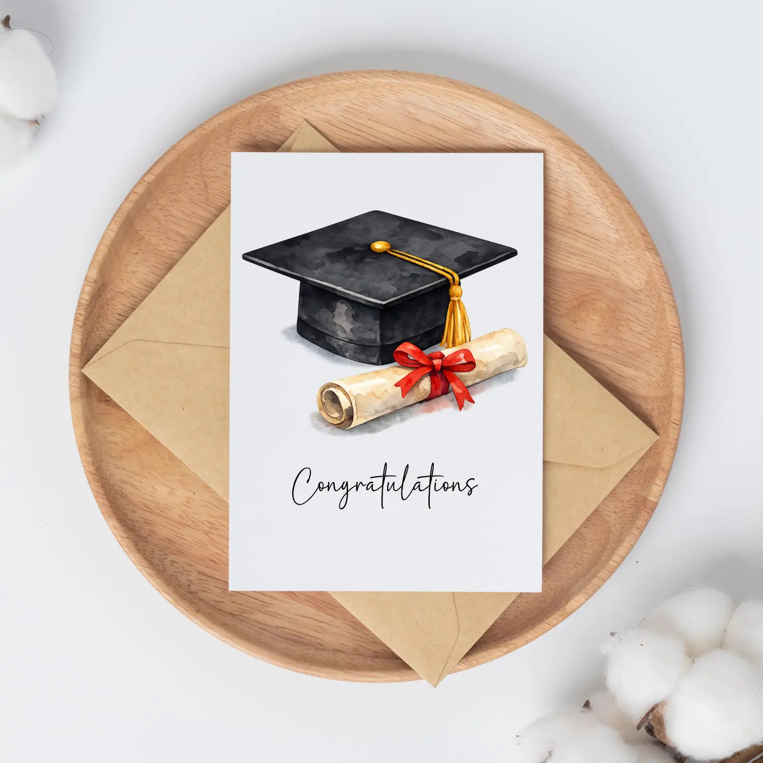 Watercolor Graduation Card with Cap & Diploma, Congratulations Graduate Card, College or High School Grad Greeting Card with Envelope