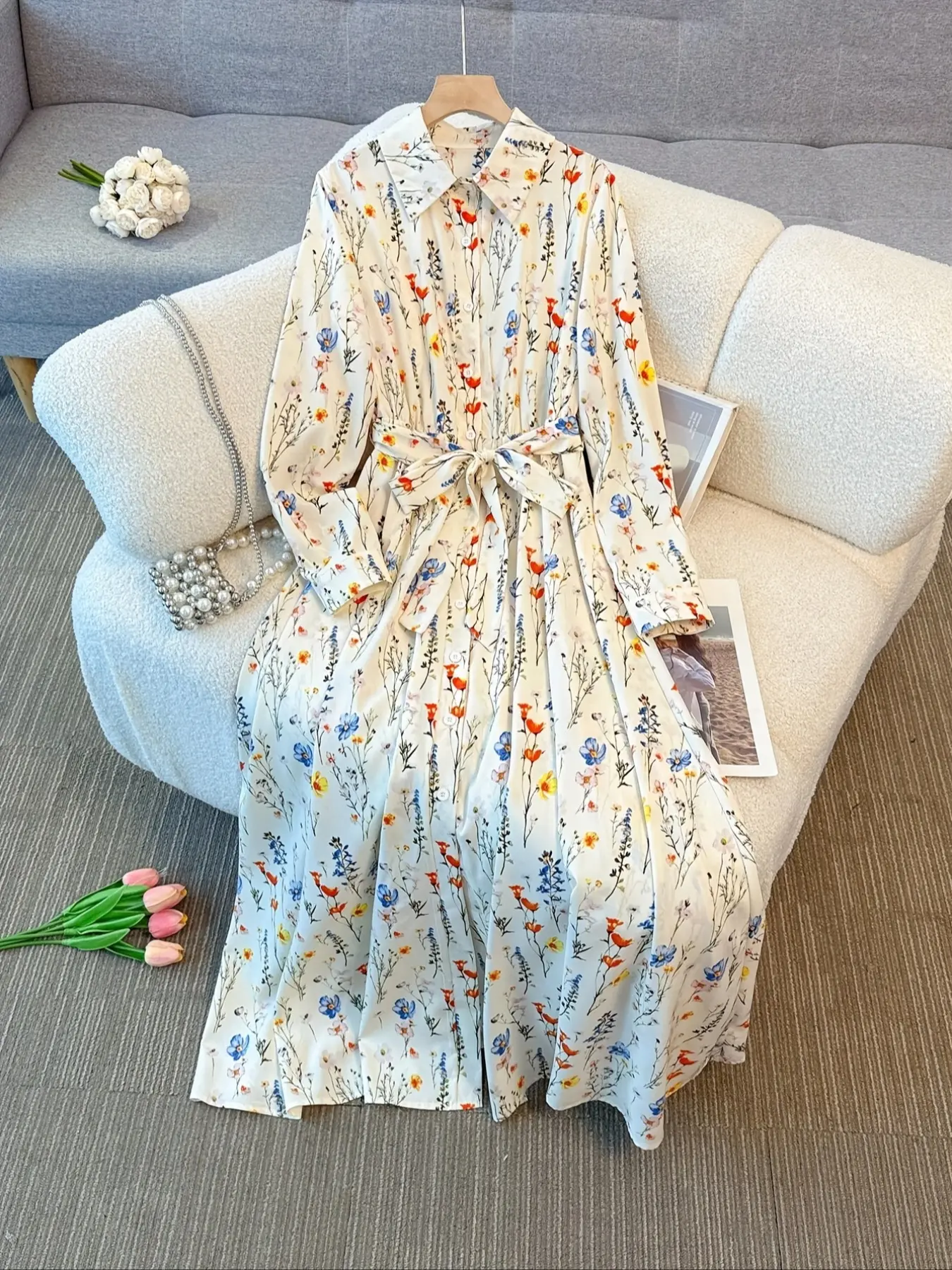 Elegant Women's Floral Print Shirt Dress, Lightweight Long Sleeve Button Front, Casual Daily Wear, Perfect for Spring & Fall Seasons Womenswear