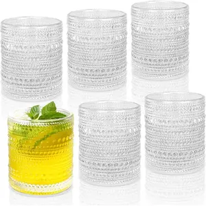 Cocktail Glasses 10 oz Hobnail Drinking Glasses Set of 6, Vintage Glassware, Textured Glass Cups Bubble Glasses Water Glasses Old Fashion Jupiter Glasses Set, clear