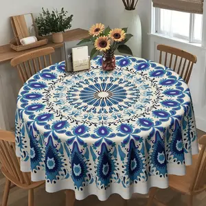 2D flat, traditional blue and white flower mandala round table cloth, family kitchen living room dining table cloth, party table cloth, kitchen accessories, room & outdoor table cloth