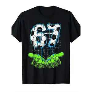 Children's Football "67" T-shirt - Neon Green and Turquoise Football Pattern with Drip Design, Suitable for Casual Round Neck T-shirt of Fans and Players