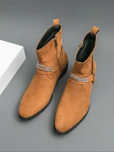 Men's High-Top Pointed Toe Chelsea Boots, Fashion Chain Decorated Velvet High Heel Casual Shoes, Stylish Men's Footwear, Western Boots