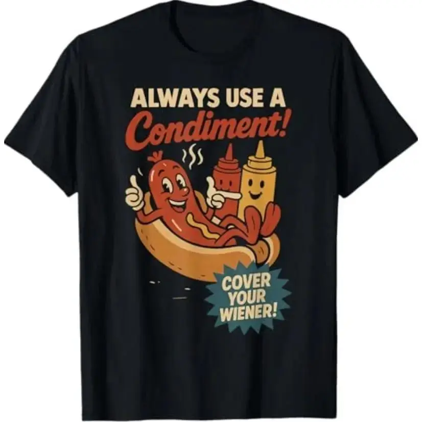 Retro Hot Dog Condiment Funny Graphic Pure Cotton T-Shirt - 100% Breathable Regular Fit Casual Tee, Black Crew Neck, Vintage Cartoon Print, Summer BBQ Cookout Outfit, Machine Washable, Smooth, Minimalist