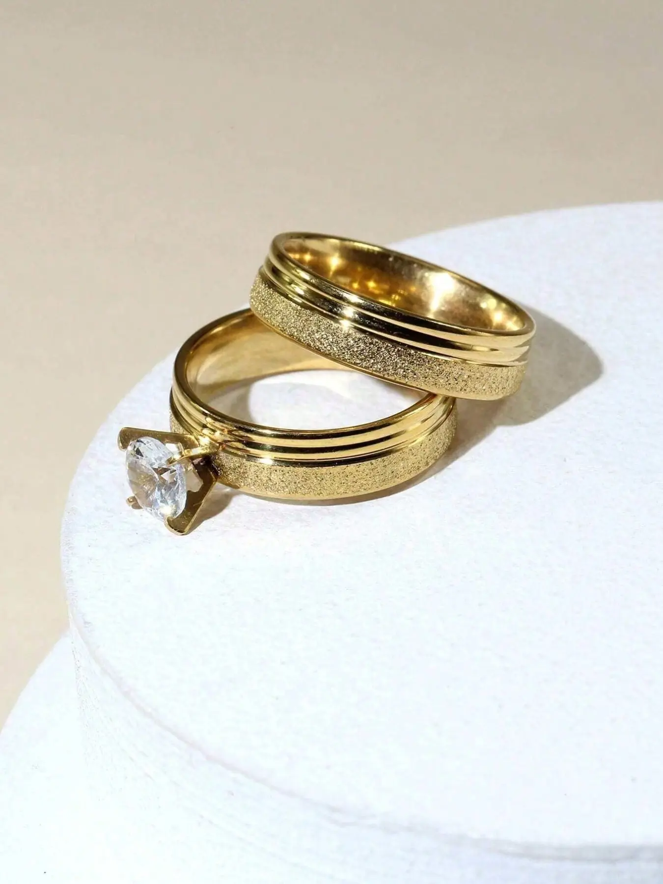 Stainless Steel Couple Rings Set, Fashion Zircon Wedding Bands, Metal Rings, Elegant Daily Wear Jewelry Gift for All Seasons