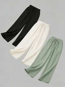 Women's three-piece set with drapey textured wide-leg casual pants, made from lightweight and breathable crinkled fabric with a drawstring waistband, suitable for daily commuting, weekend outings, Soft lounge sets