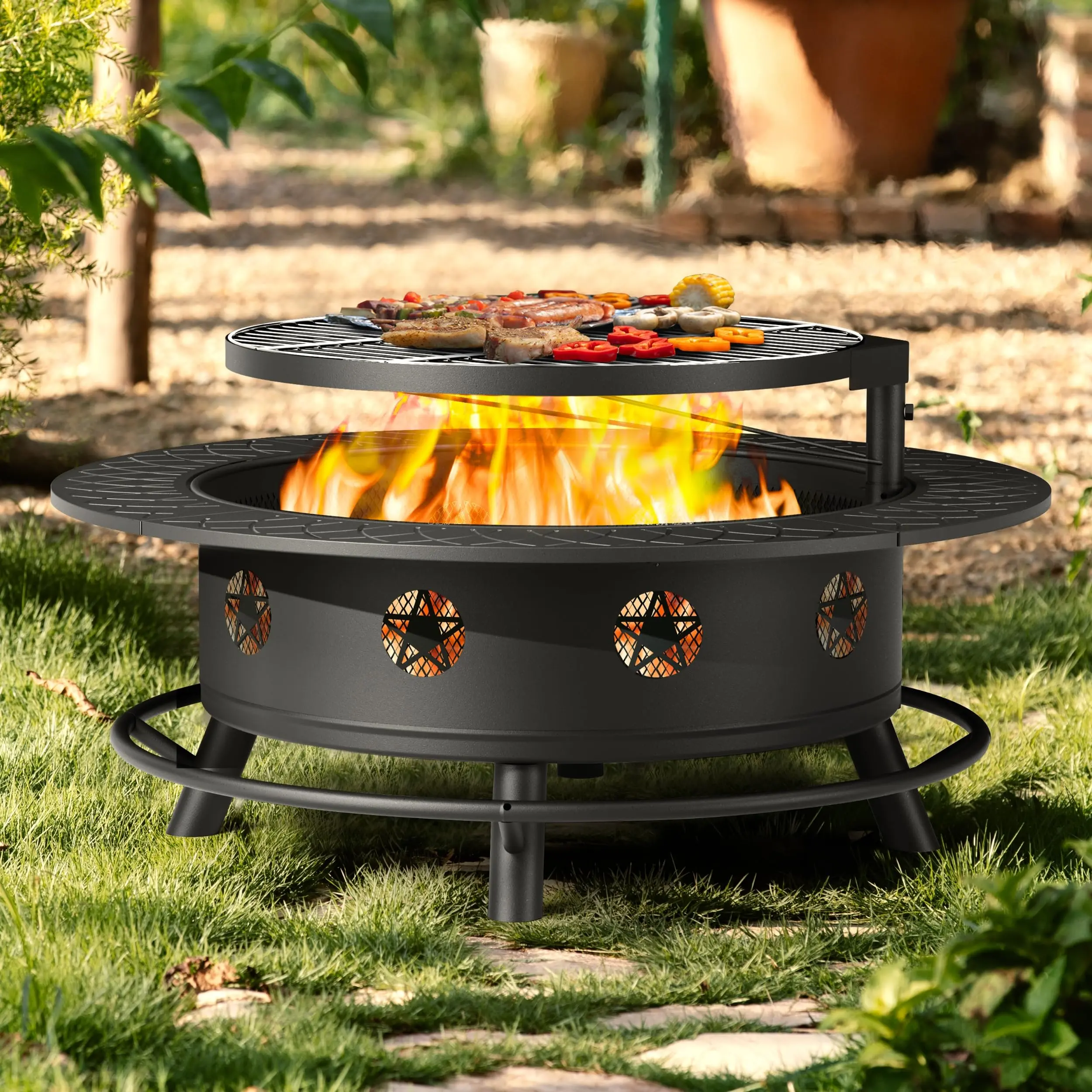 FORIOUS 3-in-1 Outdoor Iron Bonfire Fire Pit with Removable Rotating Metal Grill, Ultra-Durable Grate, 360-Degree Rotation & Adjustable Height for Heating, BBQ, Wood homedecor