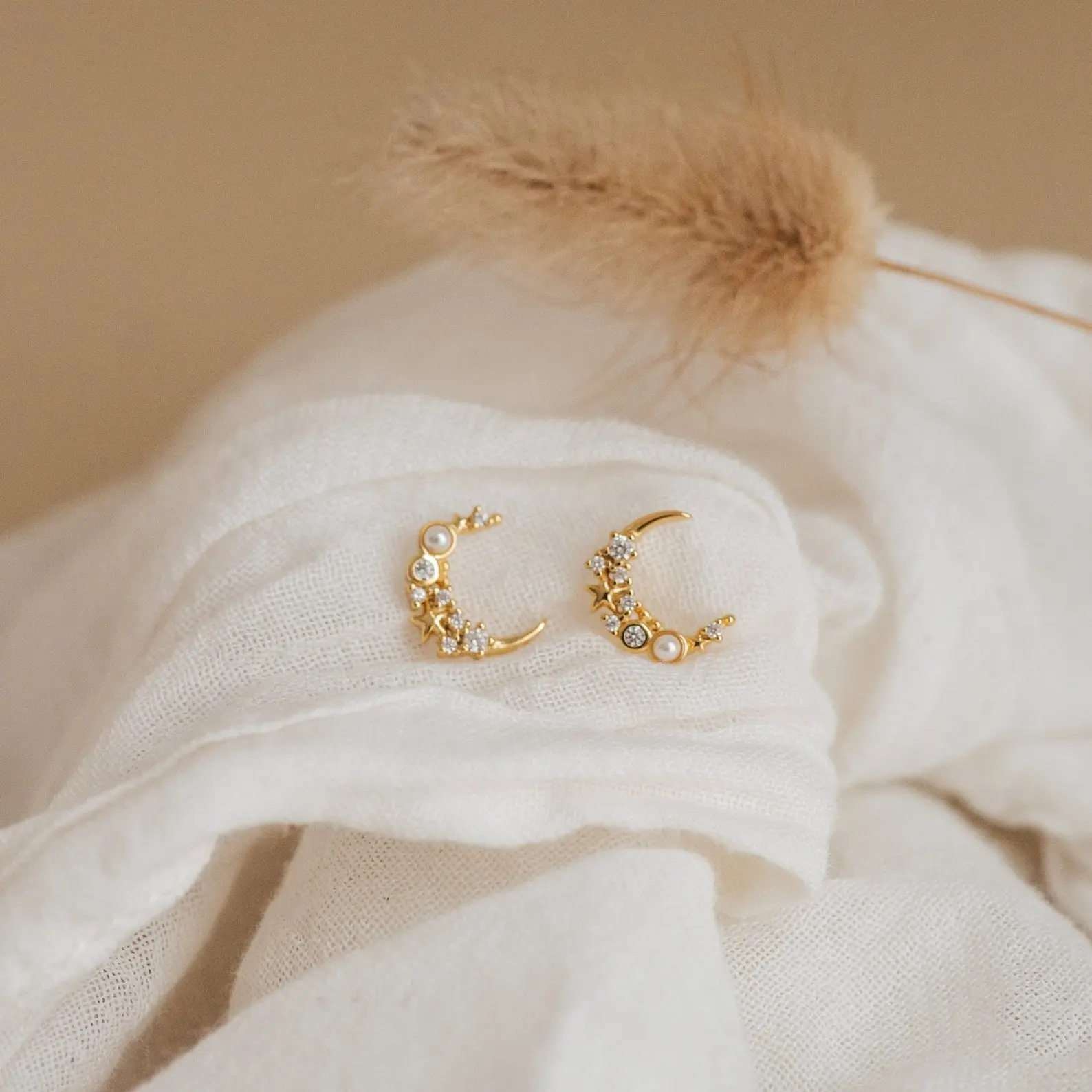 Eclipse Moon Studs by Caitlyn Minimalist - Dainty Pearl & Diamond Crescent Moon Earrings - Celestial Jewelry - Best Friend Gift