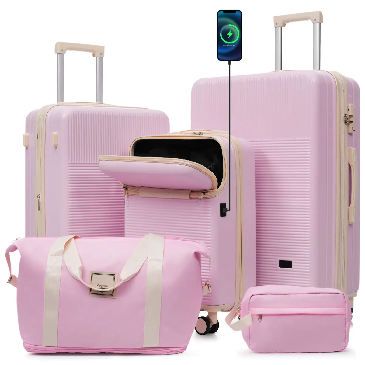 5-Piece Hardside Luggage Sets, Lightweight Expandable Travel Luggage with Half-Open Zip Closure, USB Port, Spinner Wheels, TSA Lock and Carry On Suitcase Bags, Pink